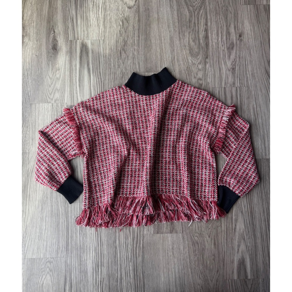 Zara Woman Red Tweed Fringe Mock Neck Knit Sweater Size M Multicolor